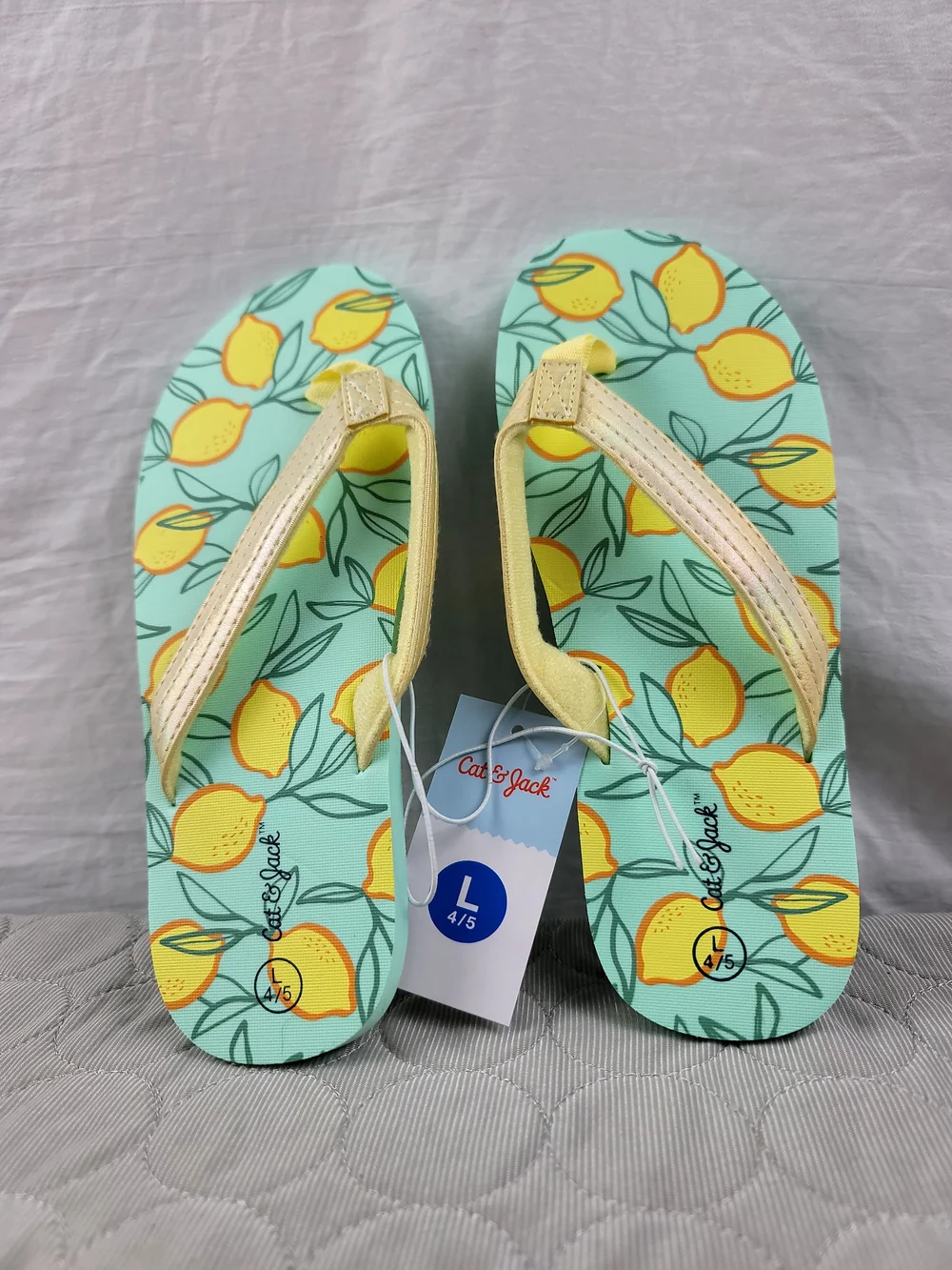 NWT Cat & Jack Girls Mint Green Lemon Print Flip Flops Sandals Glitter Size 4/5L